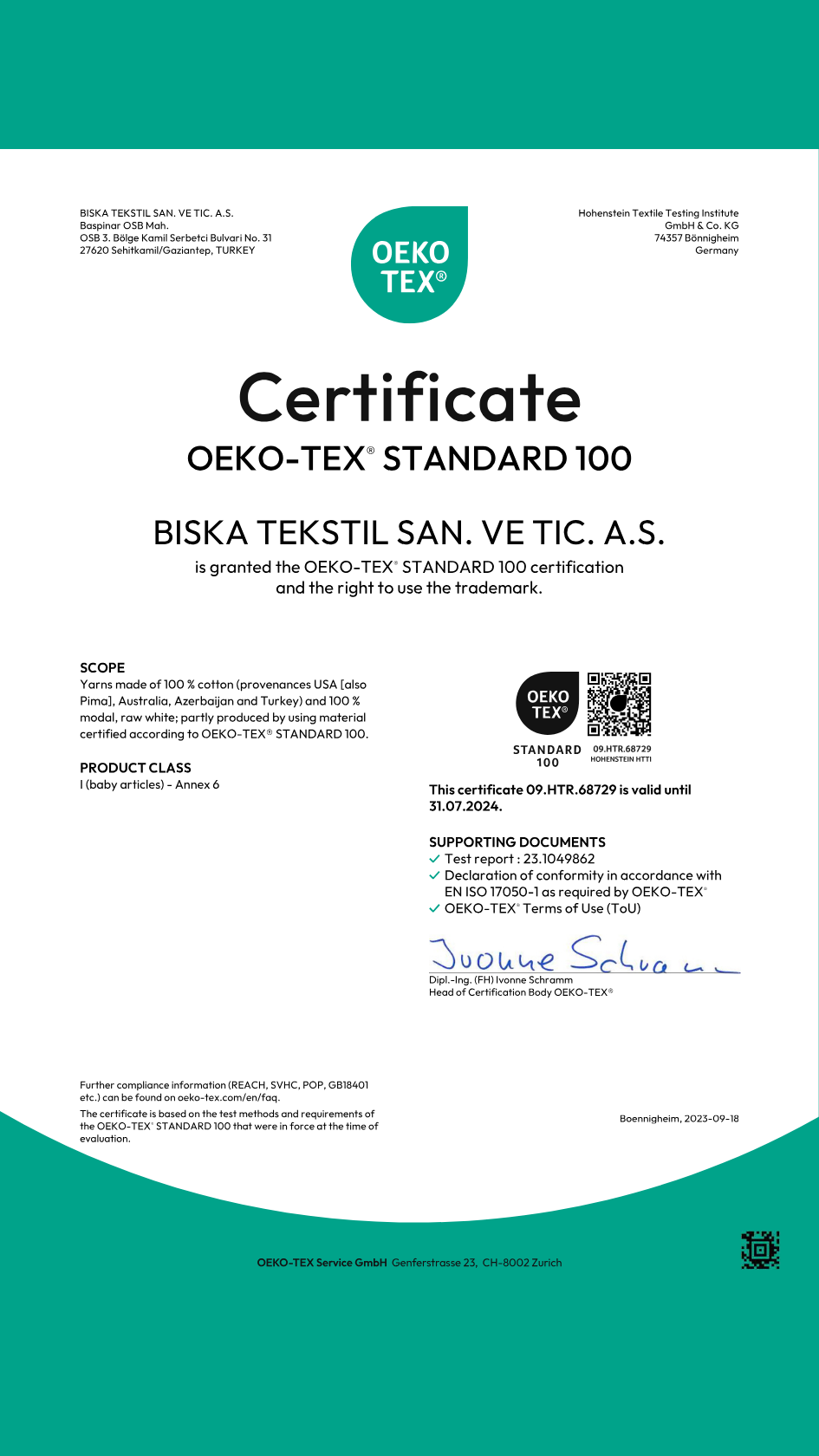 The Oeko-Tex certification for our product, confirming its quality and safety.