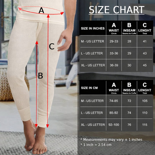 Men’s merino underwear size chart showing Medium, Large and XL measurements