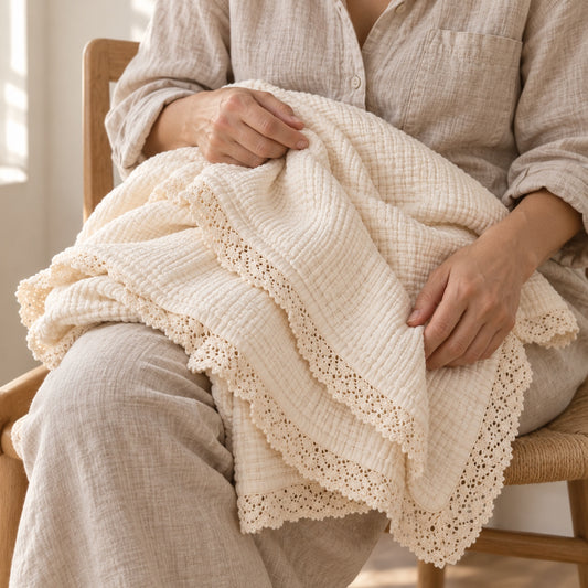 Undyed 8-layer cotton muslin blanket with lace trim