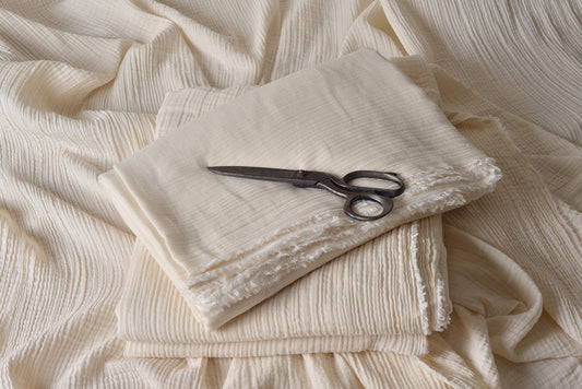 Folded undyed double gauze cotton fabric with crinkle texture, extra wide 250 cm (98.4 in), suitable for sewing and natural dyeing