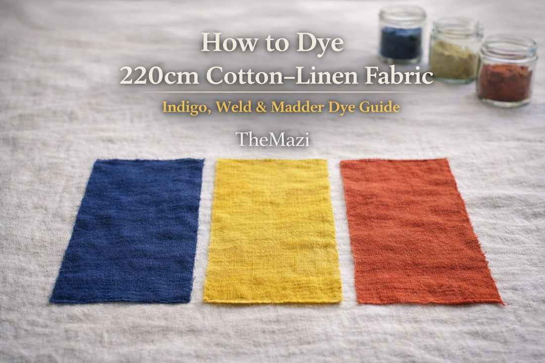 Natural dye color swatches on cotton–linen fabric: indigo blue, weld yellow, and madder red tones side by side