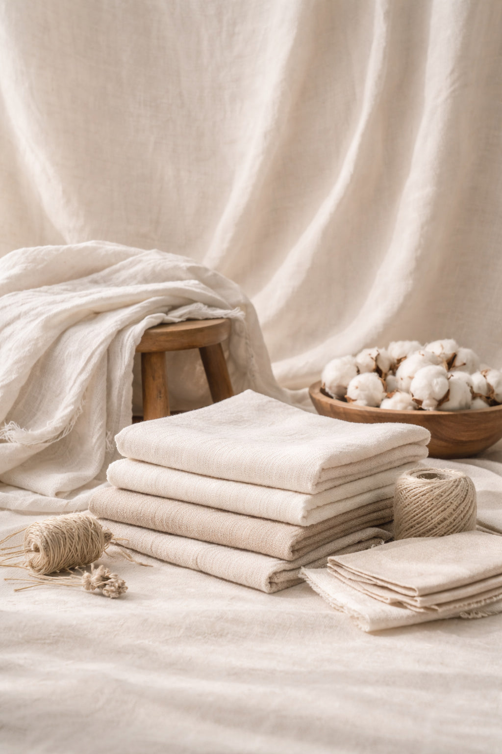 Undyed natural textiles for dyeing in neutral ecru tones, showing cotton and linen texture in soft daylight.