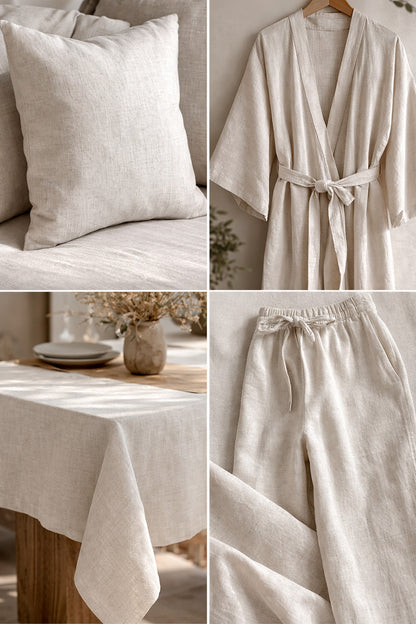 Use ideas for undyed cotton–linen fabric: lightweight shirt, bedding/pillow covers, and relaxed pants, showing the fabric’s natural unbleached look.
