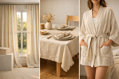 Use ideas for undyed cotton-linen fabric: curtains, tablecloth/runner, and bathrobe—natural tone, dye-ready textile