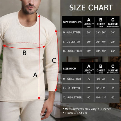 Undyed merino wool thermal long sleeve size chart for men