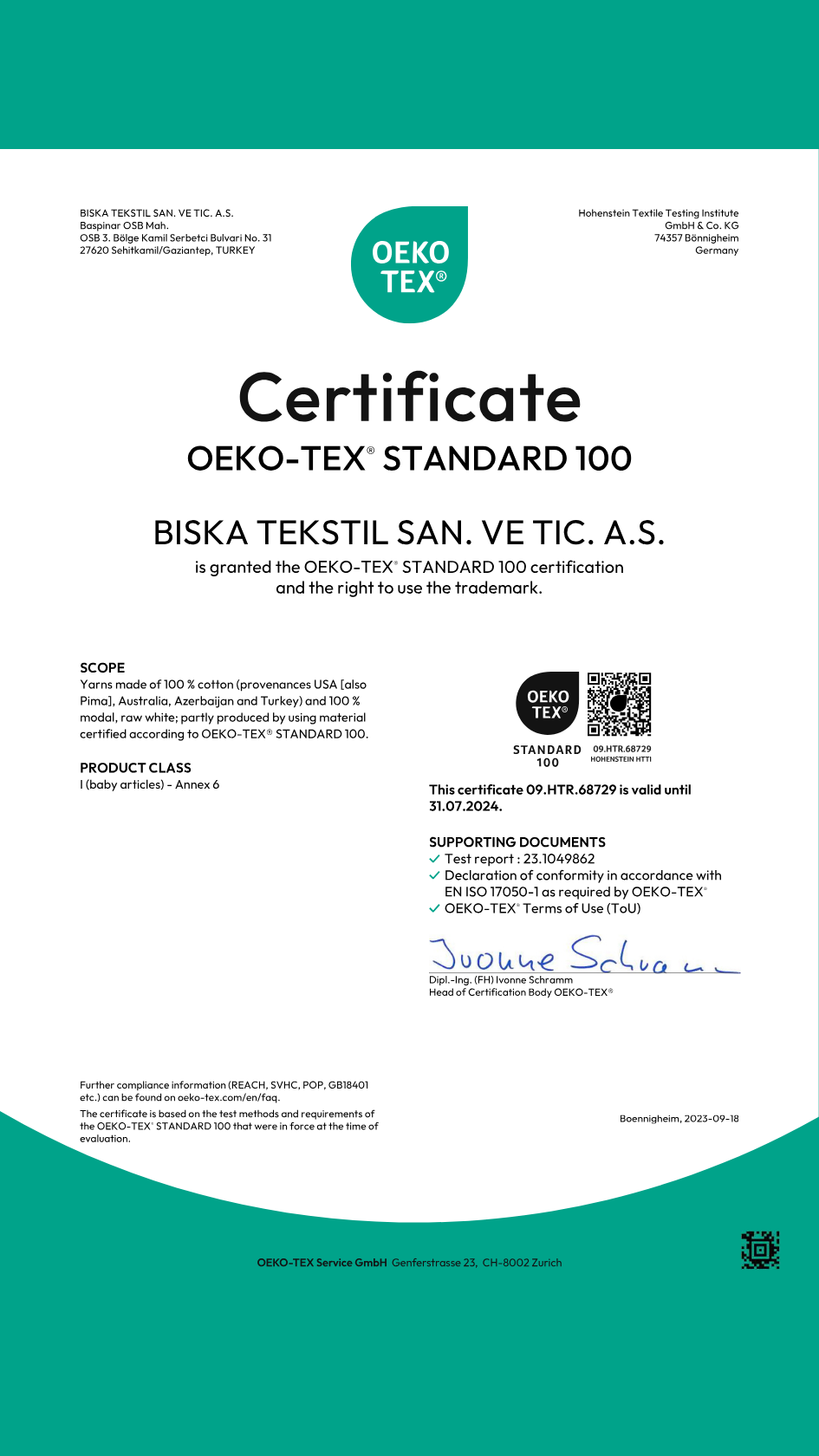 The Oeko-Tex certification for our product, confirming its quality and safety.
