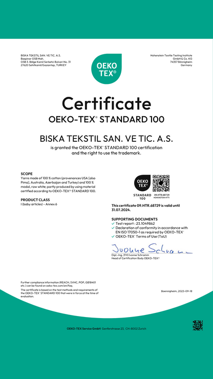 The Oeko-Tex certification for our product, confirming its quality and safety.
