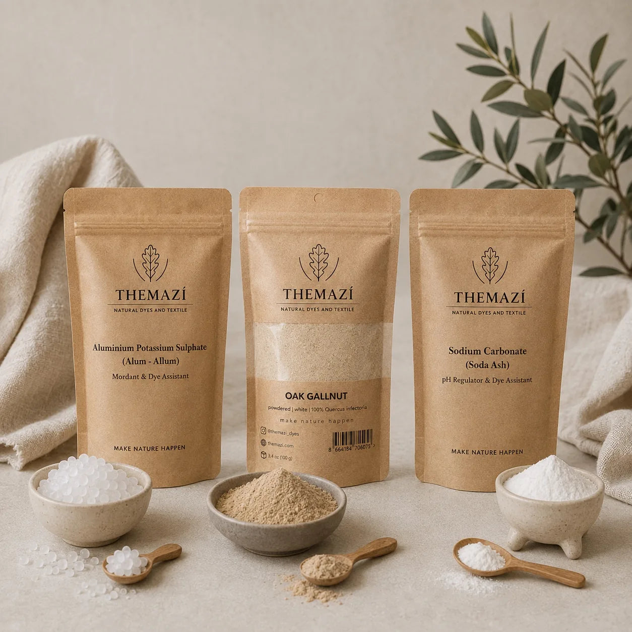     THEMAZÍ cellulose mordant kit with Oak Gall Powder, Alum and Sodium Carbonate