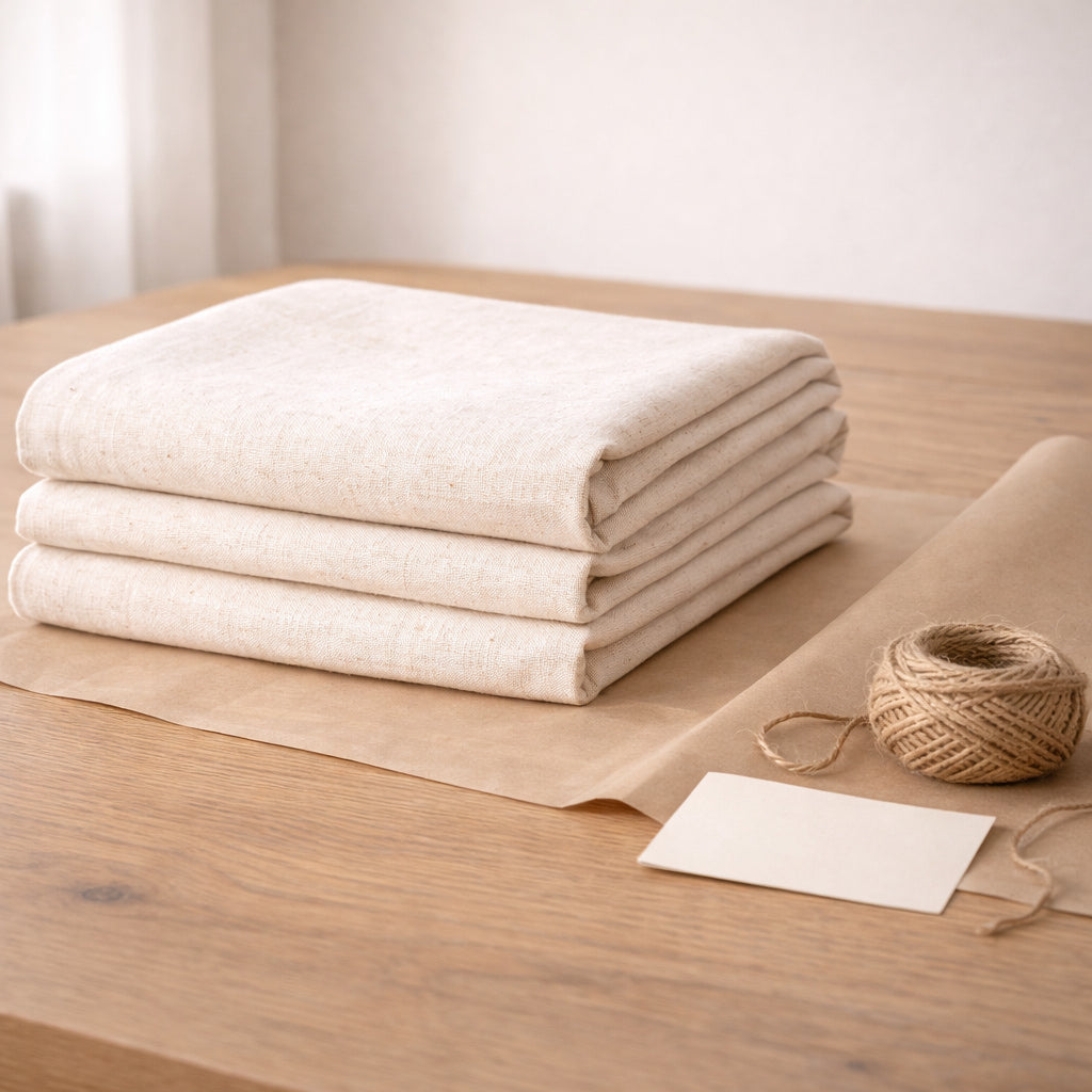 Folded stack of undyed cotton–linen blend fabric, showing weave texture and natural unbleached tone for sewing and natural dyeing.