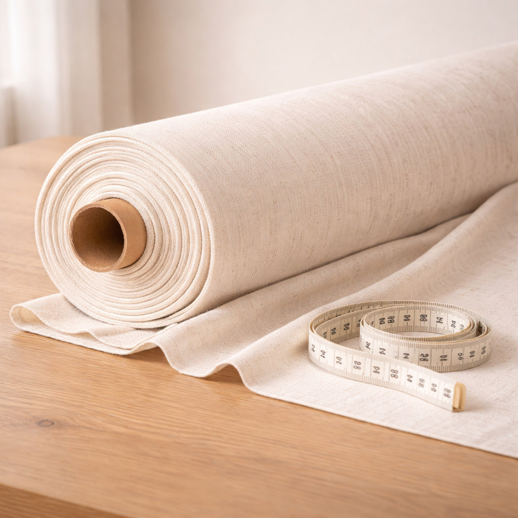 Roll of undyed cotton–linen blend fabric with measuring tape, highlighting natural weave, breathable lightweight feel, and 150 cm usable width.