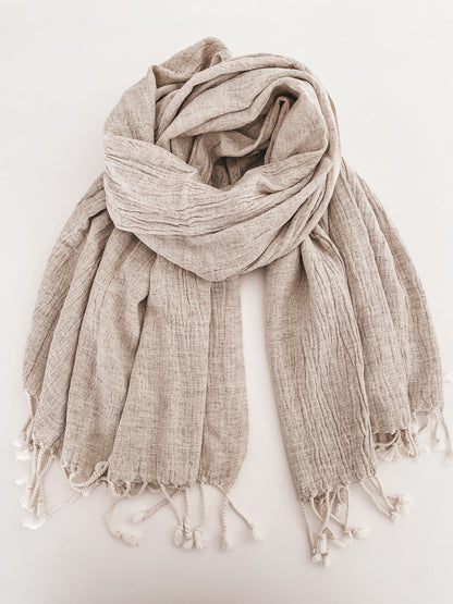 Handwoven linen cotton peshtemal with a naturally crinkled texture, lightweight and breathable, made in Turkey