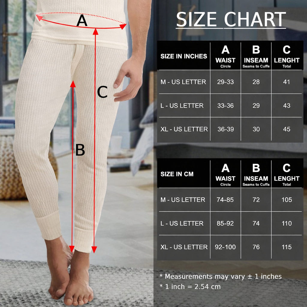 Men’s merino underwear size chart showing Medium, Large and XL measurements
