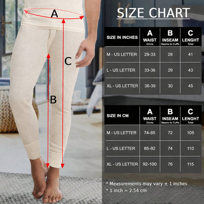 Men’s merino underwear size chart showing Medium, Large and XL measurements