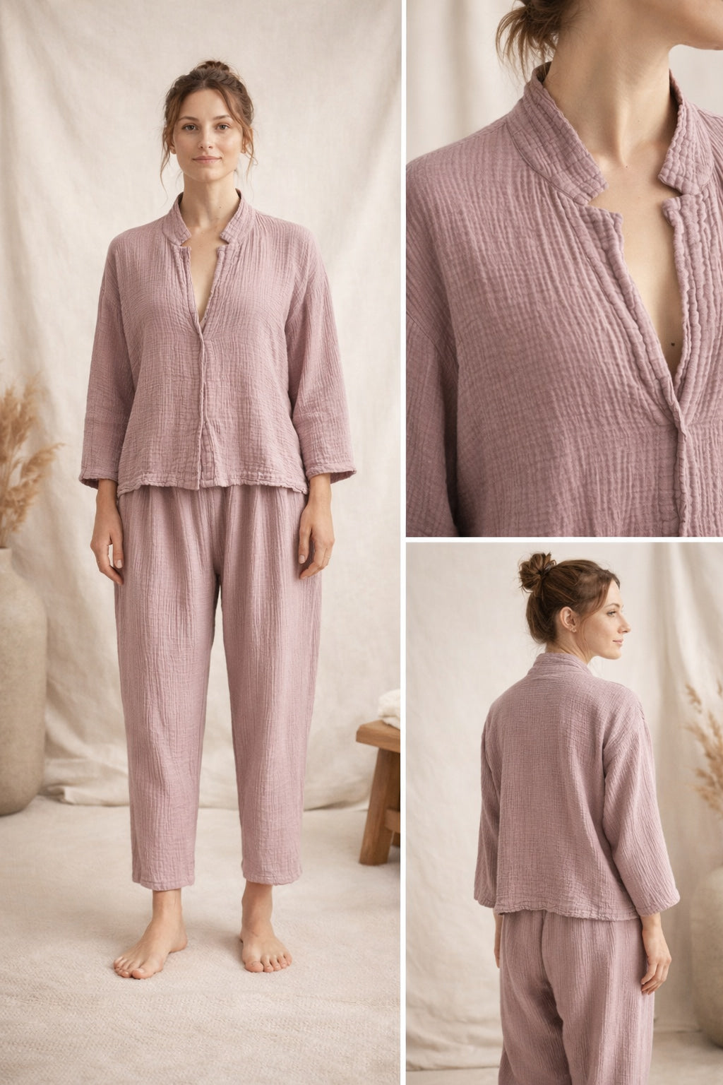 Model wearing a naturally dyed muslin lounge set in powder lilac, 100% cotton double gauze top and ankle-length pants.