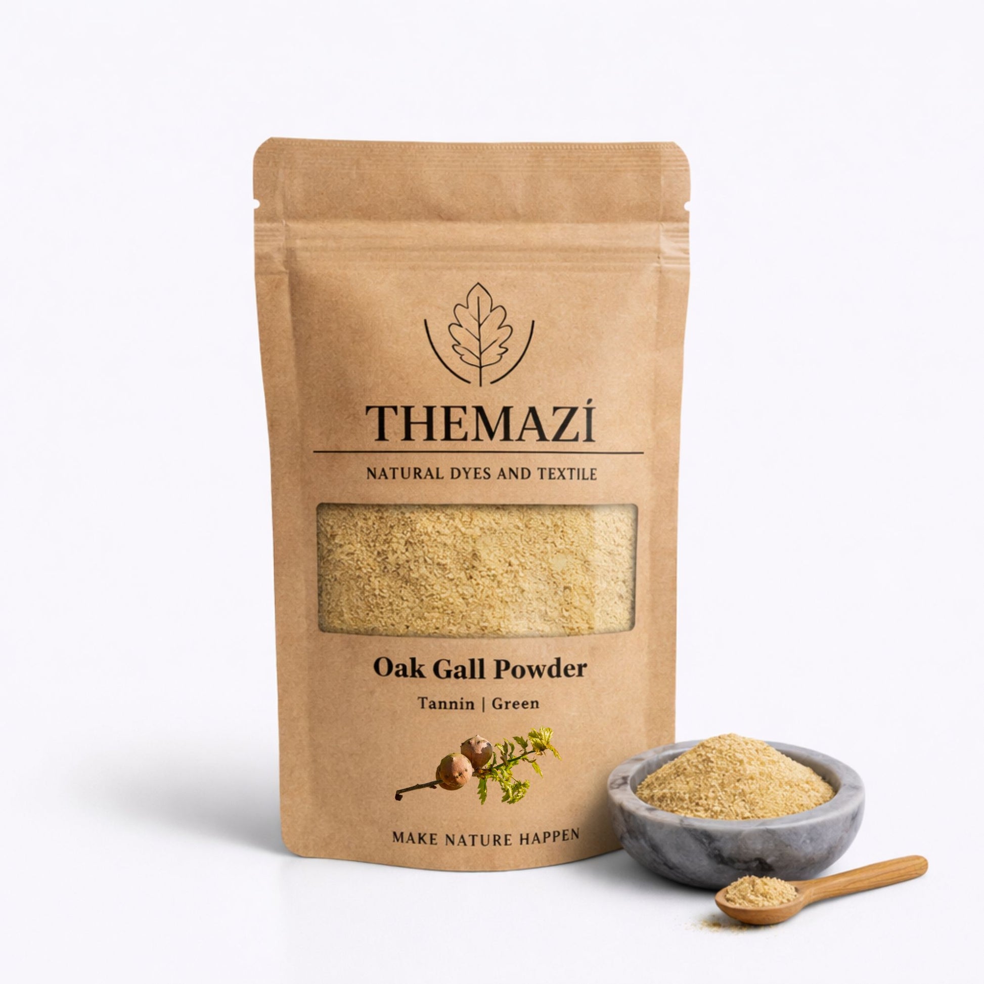 TheMazi Oak Gall Powder (Green) tannin powder packaging with bowl of oak gall powder