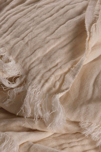 Detailed view of the handloom-woven structure of a Buldan towel with natural cotton and tencel yarns.