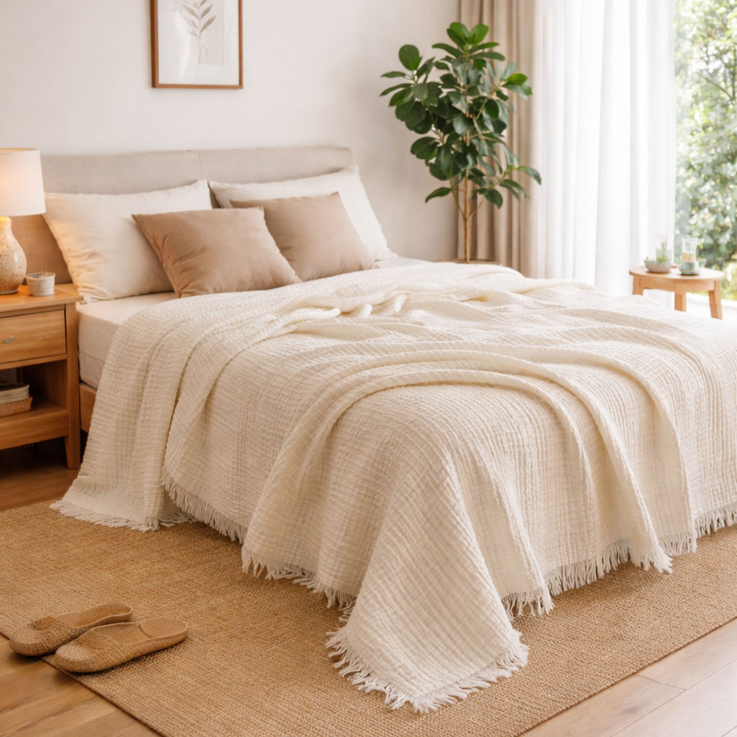 Undyed 4-layer crinkled muslin bedspread throw with fringed edges on a bed, dye-ready 100% cotton for natural dyeing