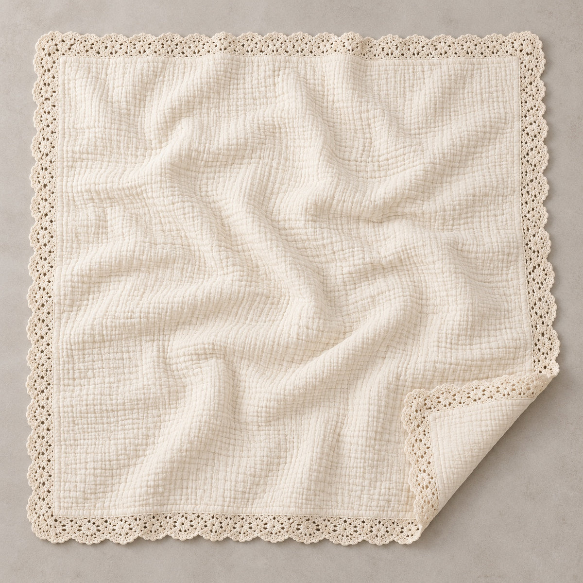 Undyed 8-layer crinkle muslin blanket with cotton lace border