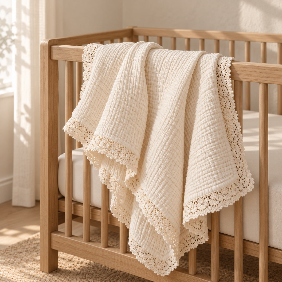 Undyed 8-layer cotton muslin blanket with lace trim on crib