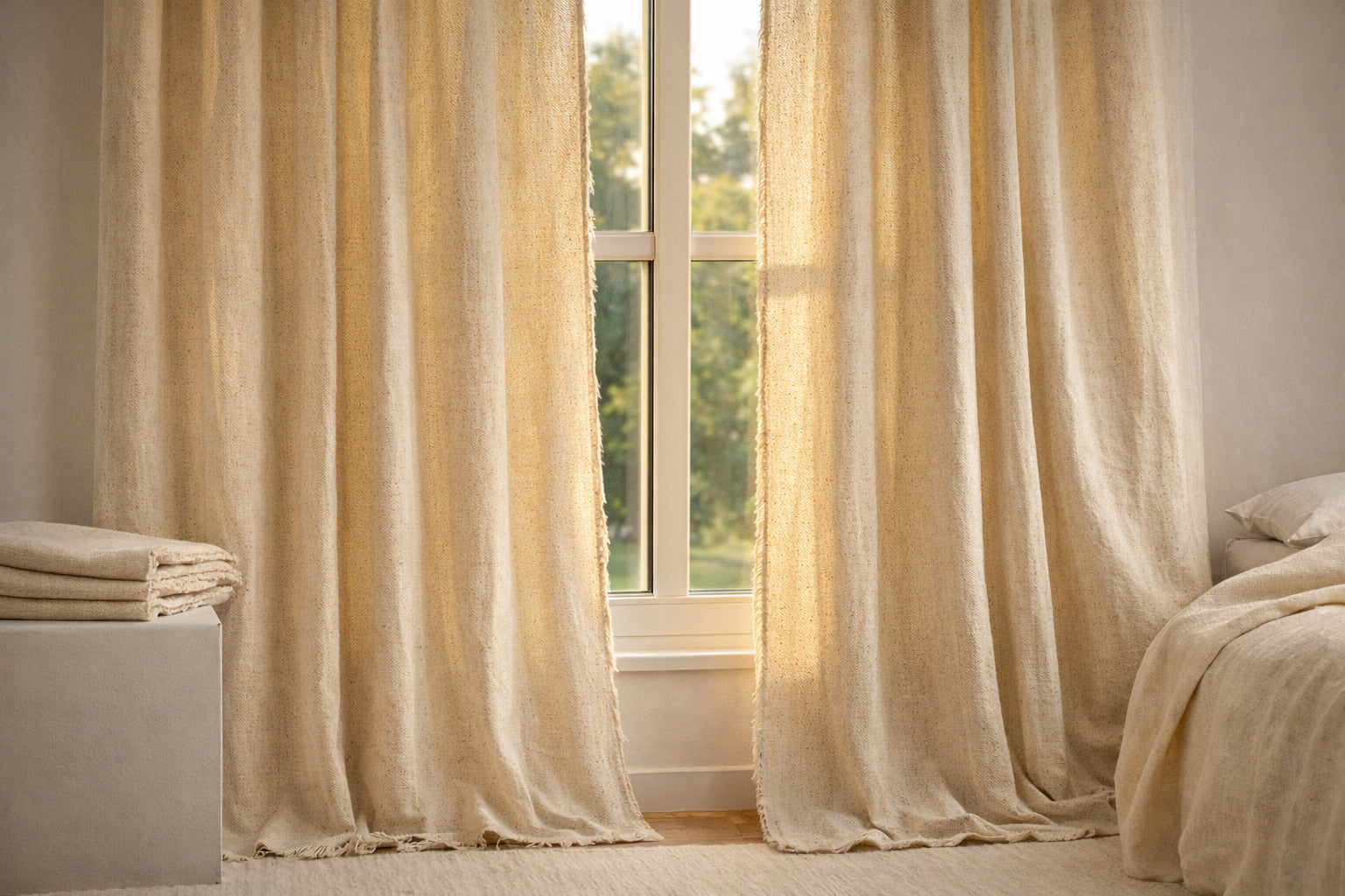 Undyed cotton-linen fabric used as wide curtains (220 cm width), showing natural drape and airy weave
