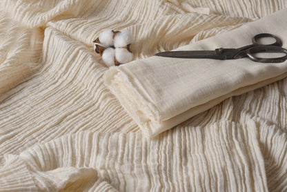 Extra wide undyed double layer cotton gauze (crinkle) fabric, 250 cm (98.4 in) wide, shown with cotton and scissors for natural dyeing and sewing.