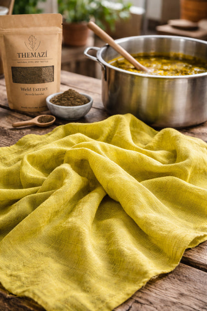 Cotton fabric dyed yellow with Weld Extract (Reseda luteola) in a natural dye workshop, shown beside a dye pot and TheMazi Weld Extract pouch.