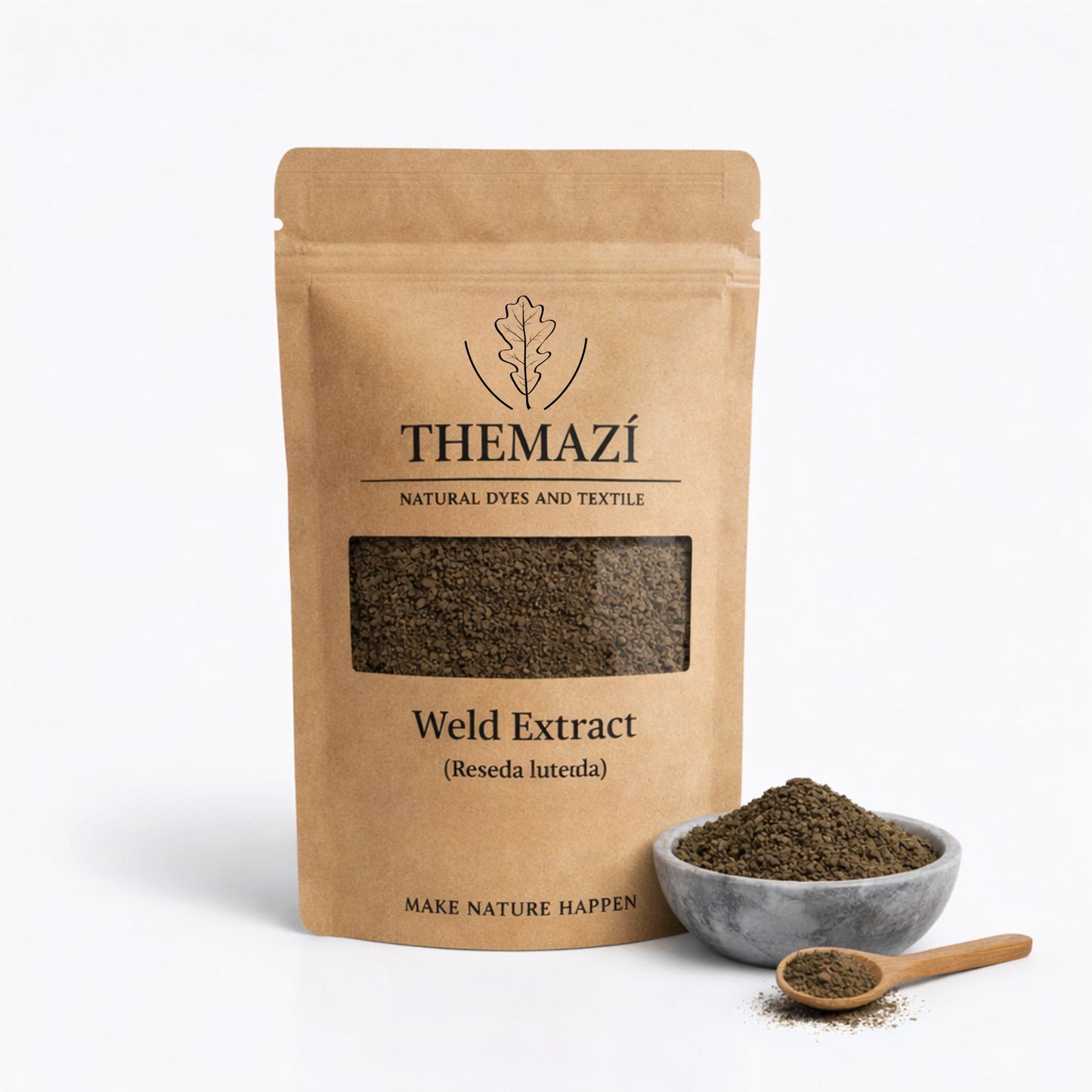 TheMazi Weld Extract (Reseda luteola) natural yellow dye extract in kraft pouch with bowl and spoon of dye granules