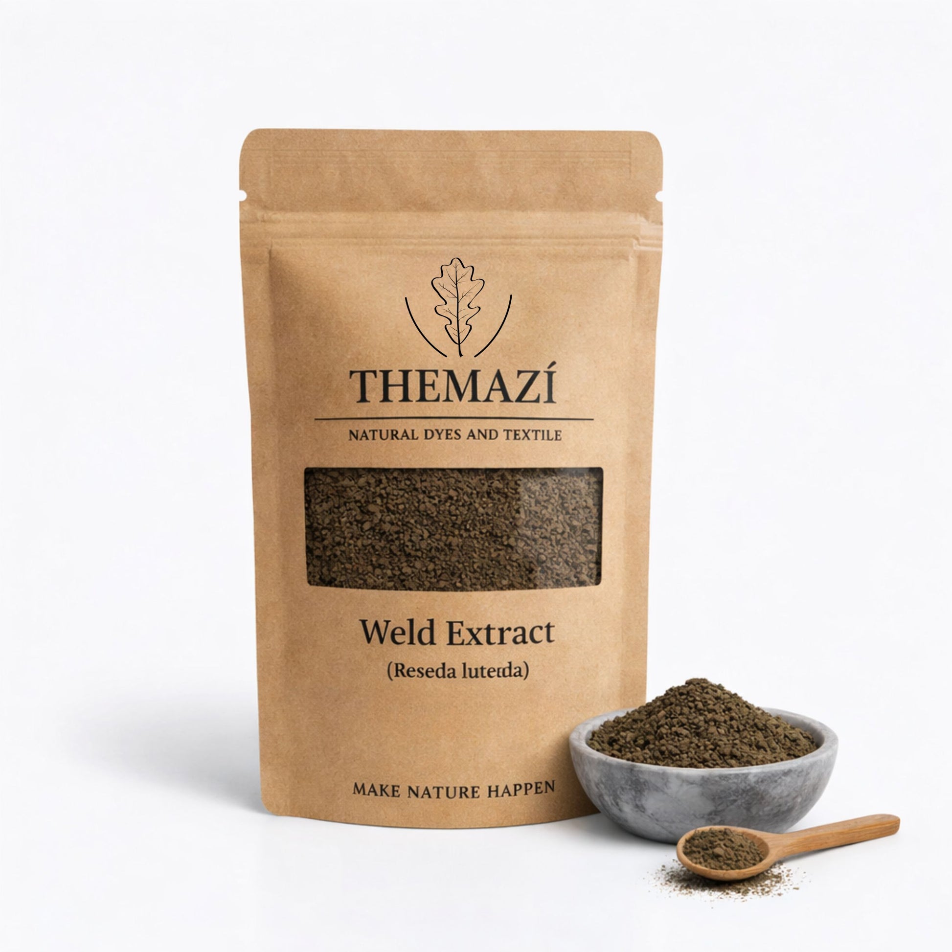 TheMazi Weld Extract (Reseda luteola) natural yellow dye extract in kraft pouch with bowl and spoon of dye granules