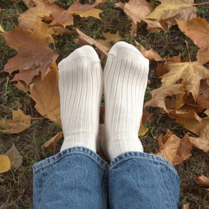 Detail of undyed cotton sock showing natural cotton structure for dyeing