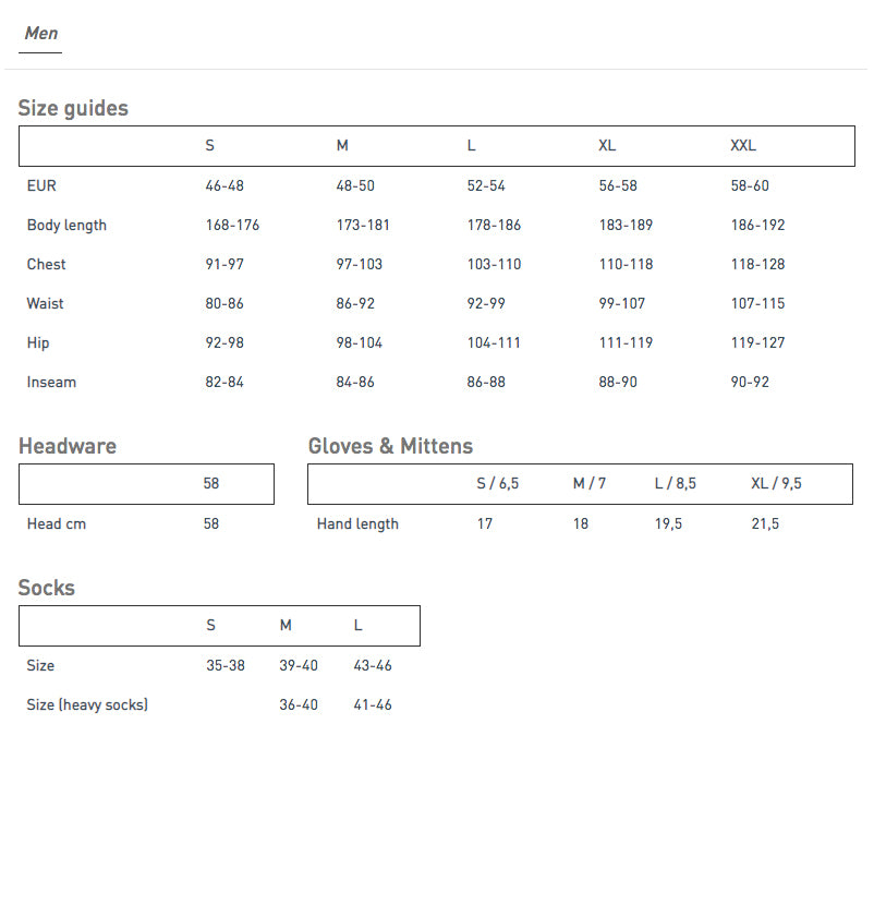 Size chart for 100% Merino wool thermal pants, displaying available sizes and measurements for optimal fit